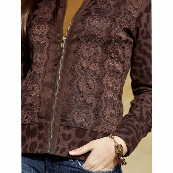 EVY'S TREE Leopars Knit Pieced Jacket, Lace Front Panel, Chocolate Brown, XL - Picture 3 of 16